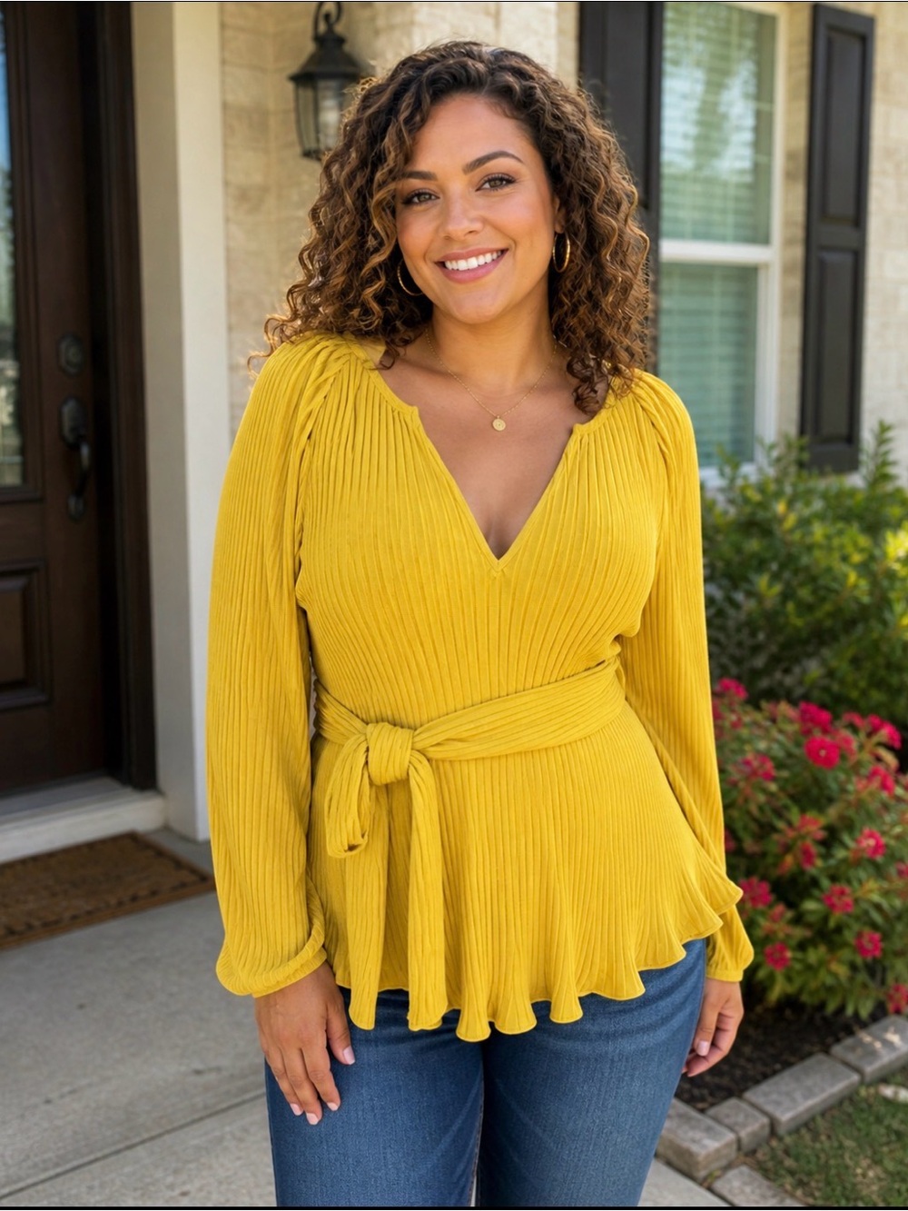 Anthropologie English Factory ribbed mustard long sleeve vneck belted top